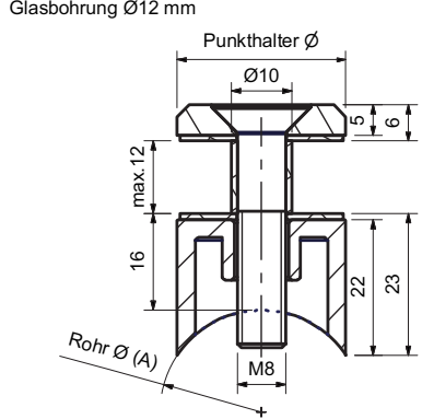 Punkthalter Edelstahl  A2 für Glasstärke bis 12mm Rohr Ø33,7 mm