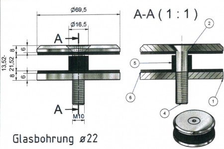 Punkthalter Ø 69,5 mm mit Bohrung