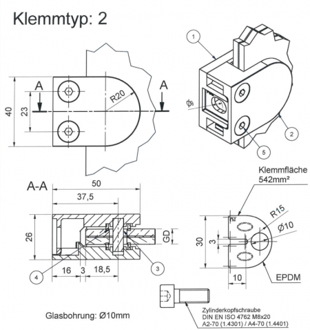Glasklemme Edelstahl A2,  Klemmtyp 2, Flacher Anschluss