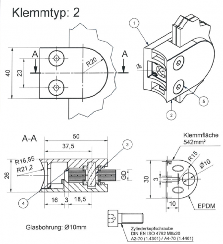 Glasklemme Edelstahl A4, Klemmtyp 2 6mm / Rohr Ø42,4 mm