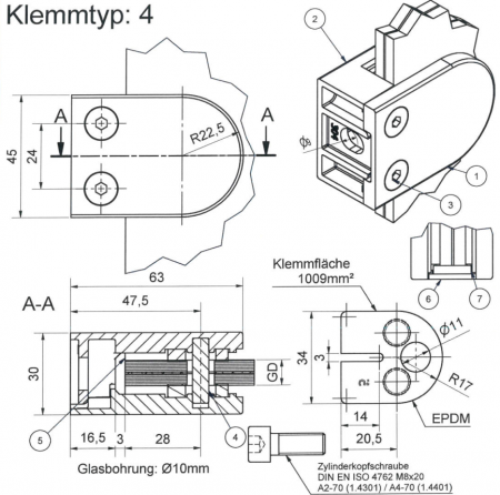 Glasklemme Edelstahl A4, Klemmtyp 4, Flacher Anschluss 10mm