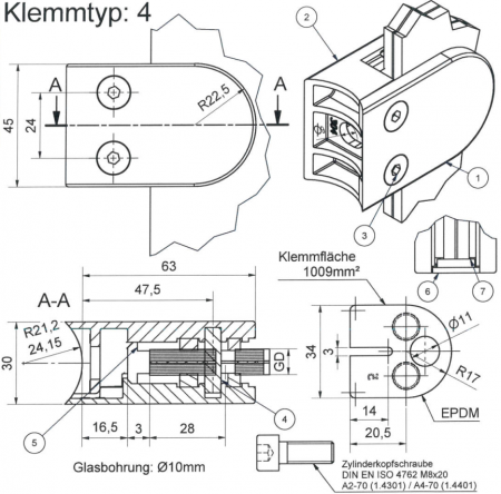 Glasklemme Edelstahl A4, Klemmtyp 4, Rohranschluss