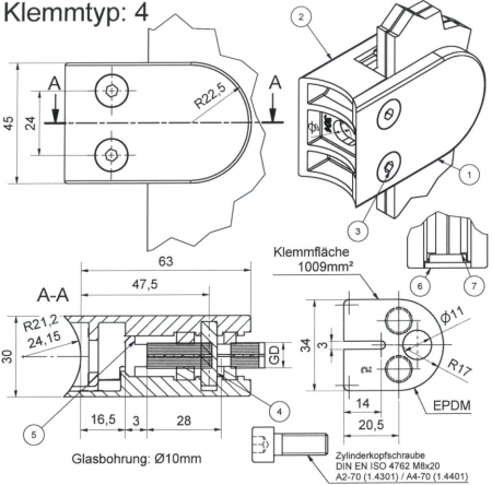 Glasklemme Edelstahl A4, Klemmtyp 4, Rohranschluss 13,52mm / Rohr Ø48,3 mm