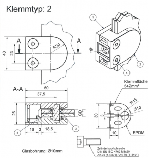 Glasklemme Edelstahl A2,  Klemmtyp 2, Flacher Anschluss 10mm