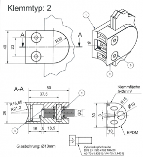 Glasklemme Edelstahl A4, Klemmtyp 2 6mm / Rohr Ø42,4 mm