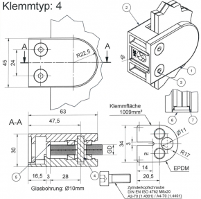 Glasklemme Edelstahl A2, Klemmtyp 4, Flacher Anschluss 11,52 mm