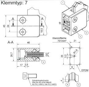 Glasklemme eckig Edelstahl A2, Klemmtyp 7, Flacher Anschluss 8mm